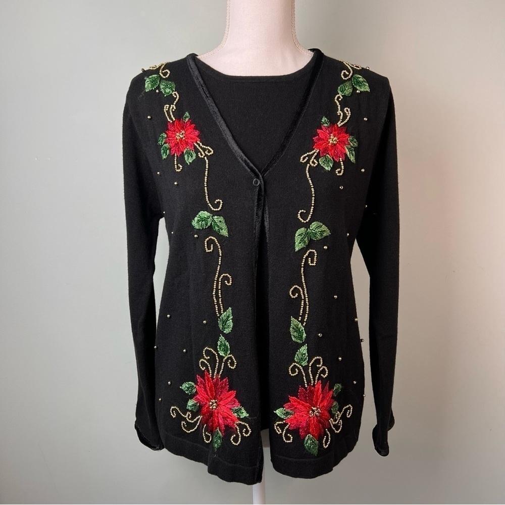 Victoria Jones Vintage Poinsettia Black Christmas Cardigan Sweater